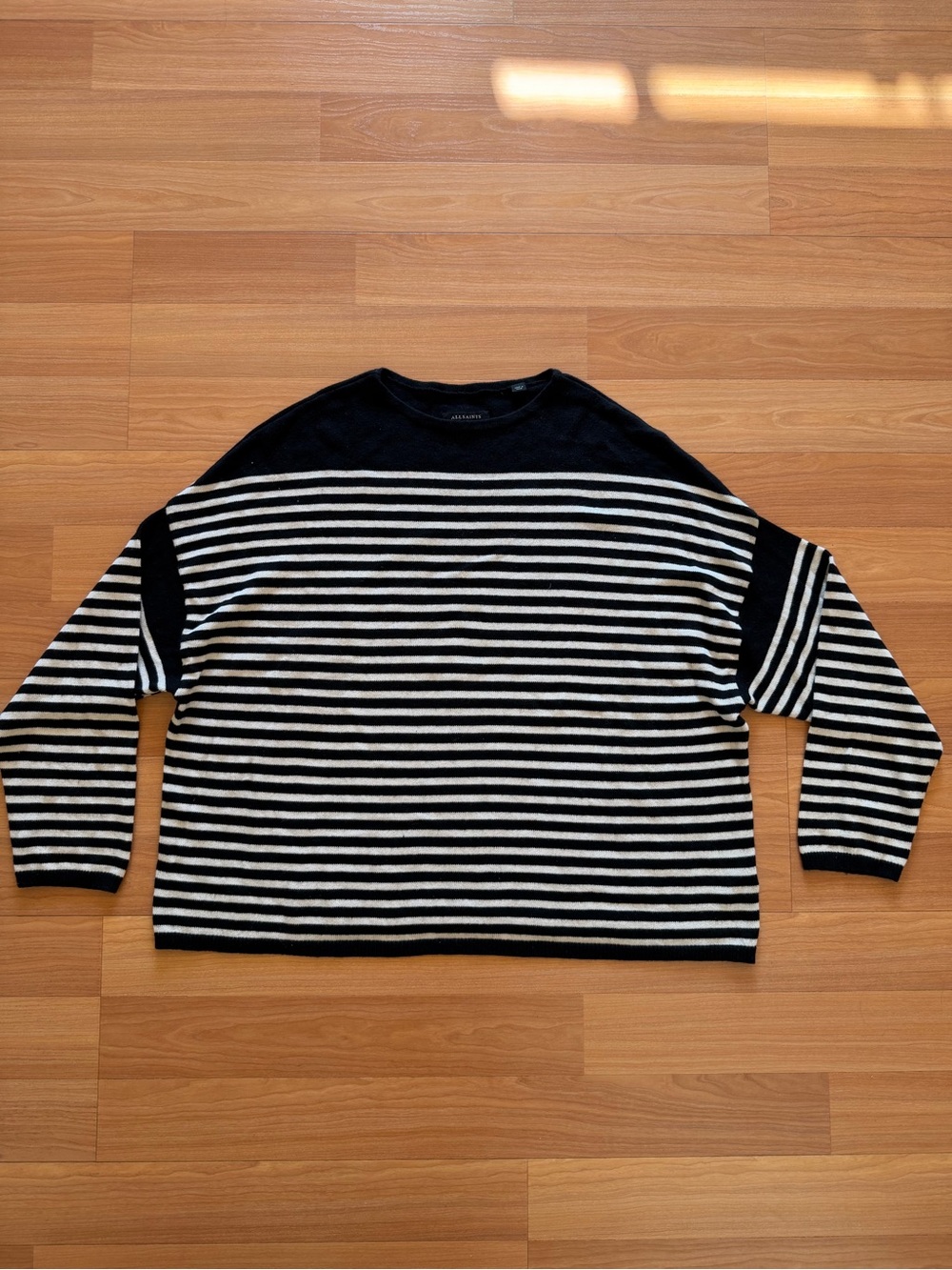 AllSaints Black & Cream Striped Knit Sweater Size Large